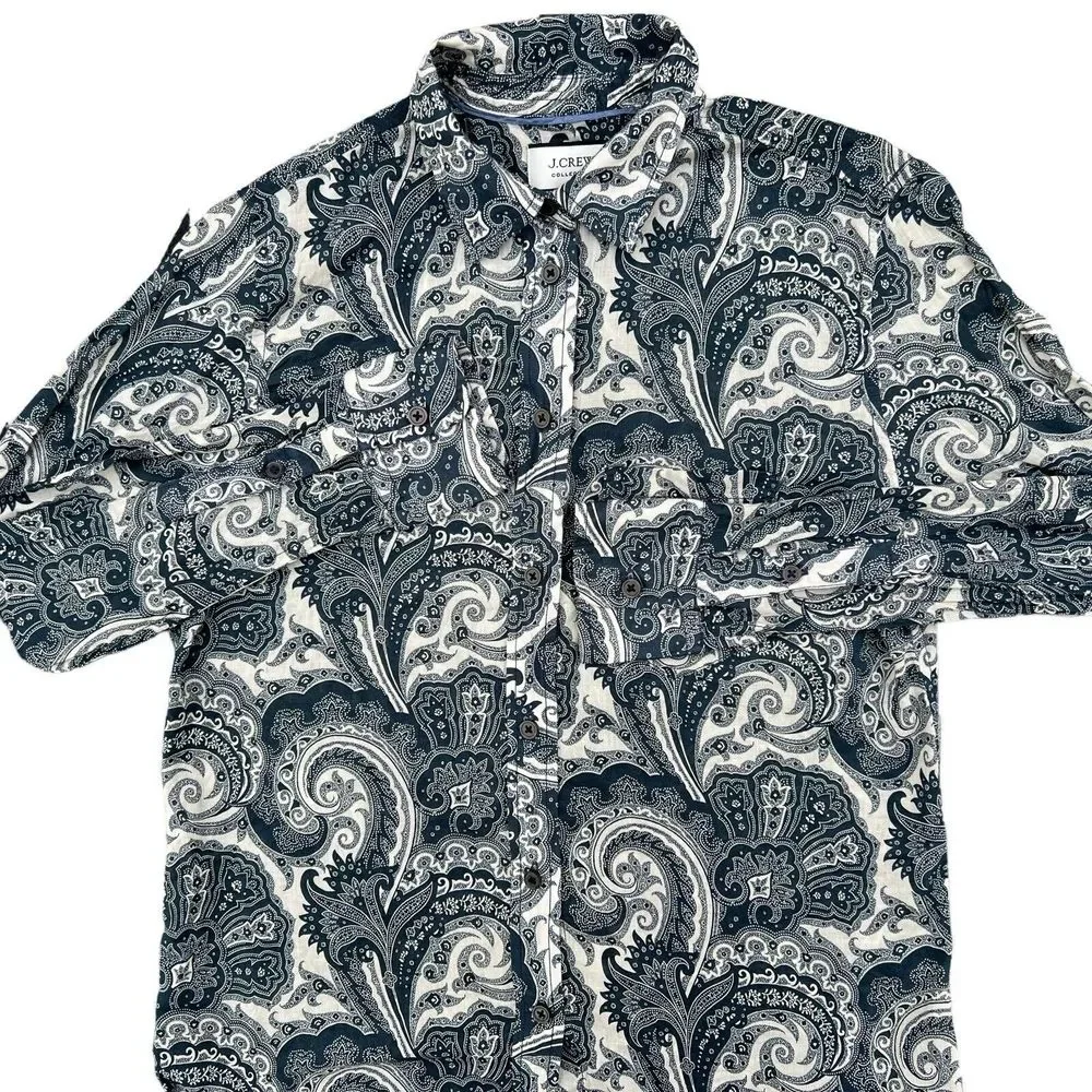 J Crew Collection Shirt Womens Size 2 Button Up‎ Blouse Blue Paisley Long Sleeve - Picture 3 of 14
